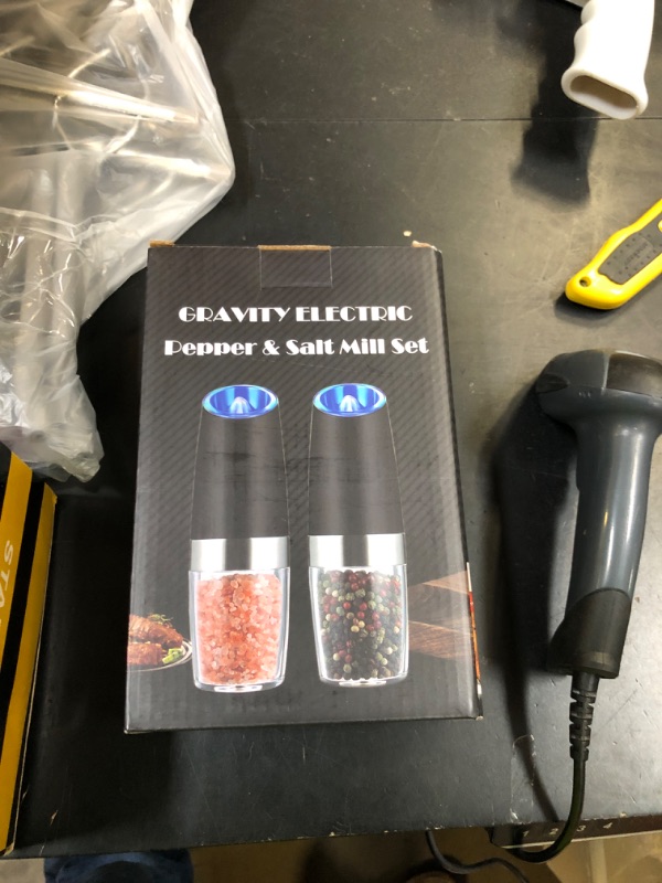 Photo 1 of XinXu Gravity Electric Pepper and Salt Grinder Set, Adjustable Coarseness, Battery Powered with LED Light, One Hand Automatic Operation, Black -2 Pack