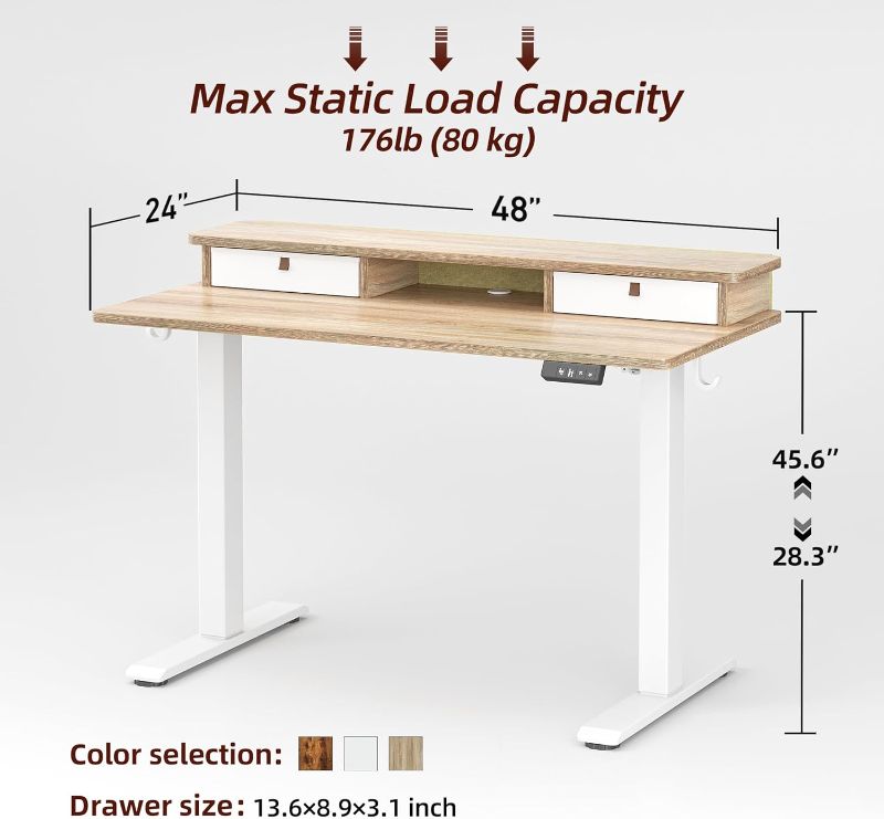 Photo 1 of TIQLAB 48 * 24 Inch Standing Desk with Two Drawers, Stand Up Standing Desk Adjustable Height, Electric Sit Stand Table with Storage Shelf and Splice Board, Maple
