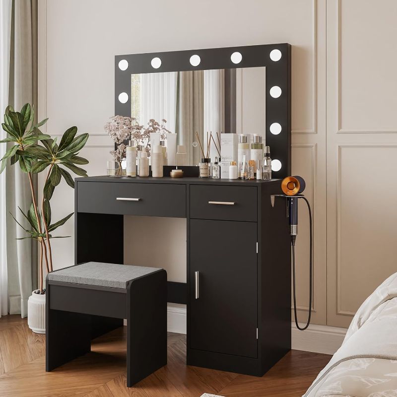 Photo 1 of Vanity, Vanity Desk with Mirror, Large Drawer and Power Socket with 11 Light Bulbs and 3 Adjustable Lighting Modes, Vanity Table Ideal for Bedroom (Black)
