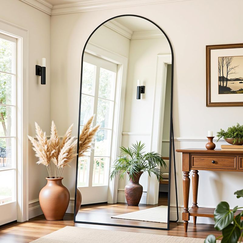 Photo 1 of Oversized Floor Mirror Freestanding, Full Body Mirror Floor Standing Mirrors with Stand, Hanging Mounted Mirrors for Bedroom Living Room, Black, Arched Style