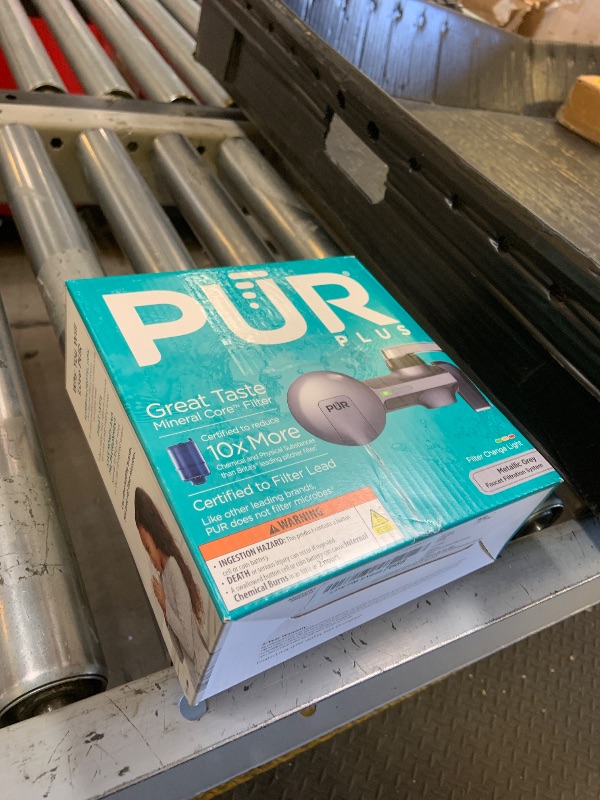 Photo 1 of PUR Plus Horizontal Faucet Mount Filtration System with 3-in-1 Lead Reducing Filter, Water Filter for Sink, Lasts 100 Gallons, Compatible with Sinks with External Aerators, Metallic Grey