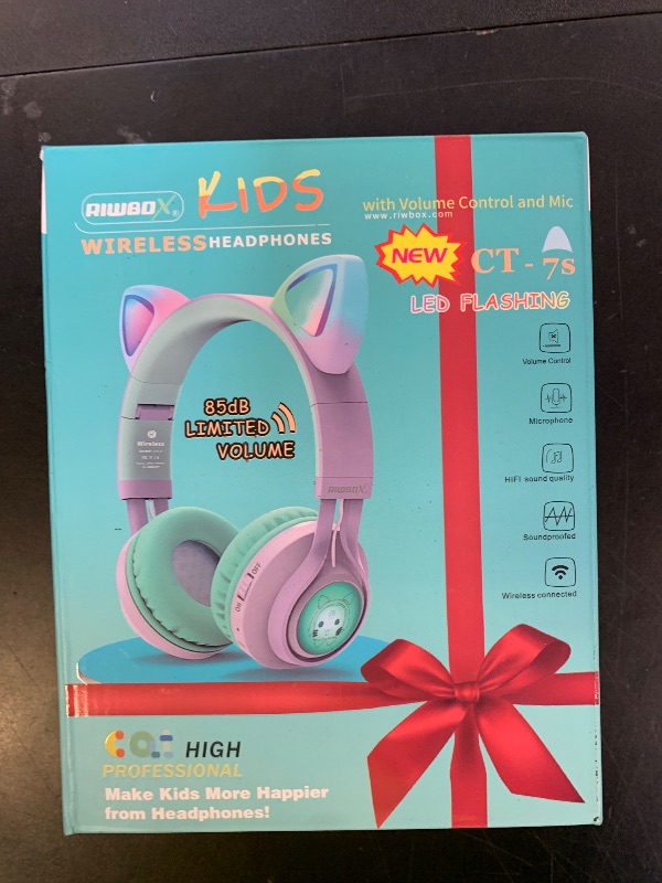 Photo 1 of Riwbox Kids Wireless Headphones, CT-7S Cat Ear Bluetooth, 85dB Volume Limiting, LED Light Up Over Ear with Microphone for Laptop/PC/TV (Purple&Green)