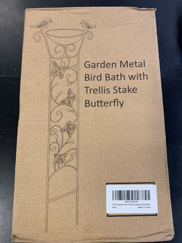 Photo 1 of SUNNYPARK Bird Bath with Trellis Outdoor, Antique Garden Iron Trellis with Decorative Butterflies Detachable Bird Bowl Metal Potted Plants Support for Climbing Flowers