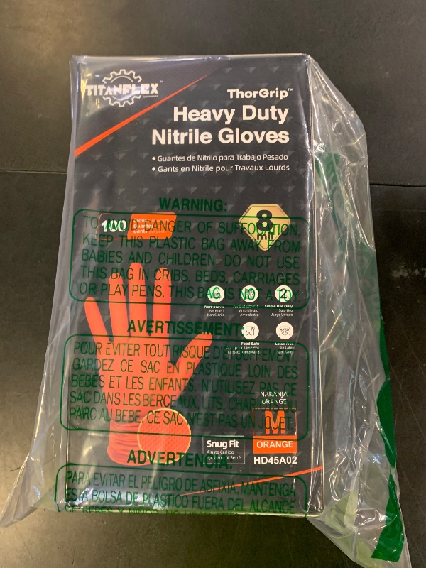 Photo 1 of TitanFlex Heavy Duty Industrial Orange Nitrile Gloves, 8-mil, Gloves Disposable Latex Free with Raised Diamond Texture Grip, Powder Free, Rubber Glove, Mechanic Gloves,100-ct Box (Medium)