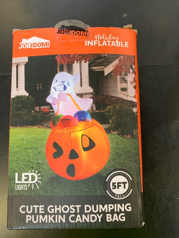 Photo 1 of Joiedomi 5 FT Tall Halloween Inflatables Outdoor Decorations, Inflatable Cute Ghost Halloween Decor Outdoor, Blow Up Ghost Lift Pumpkin Candy Bag with Build-in LEDs for Yard Decorations
