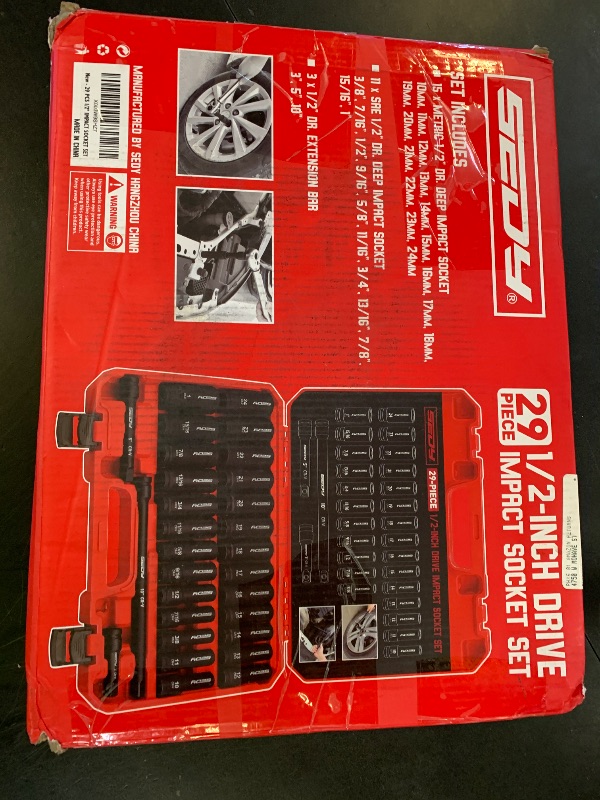 Photo 1 of 29-Piece 1/2" Drive Impact Socket Set, SAE (3/8 to 1 inch) and Metric (10-24mm) Sizes with Extension Bars Standard Deep Socket Set CR-V Material High Durability Impact Wrench