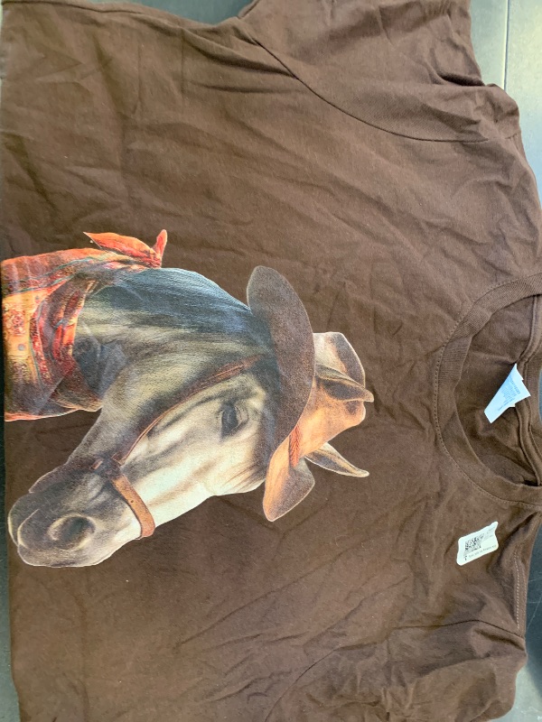 Photo 1 of PORT AND COMPANY RING SPUN FAN FAVORITE HORSE TSHIRT - BROWN LADIES SMALL 