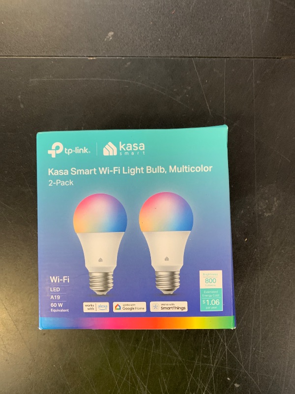 Photo 1 of Kasa Smart Light Bulbs, Full Color Changing Dimmable Smart WiFi Bulbs Compatible with Alexa and Google Home, A19, 60 W 800 Lumens,2.4Ghz only, No Hub Required, 2-Pack (KL125P2), Multicolor