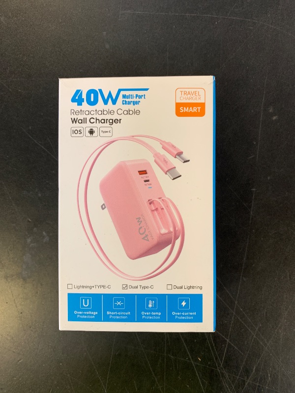 Photo 1 of Retractable USB C Charger Wall Plug with Dual 35.5in/90cm Type C Cables Cords,40W Fast Charging Foldable Block Multi Charger for All Devices for iPhone 17/16/15/14/13/12,iPad,Galaxy,Pixel