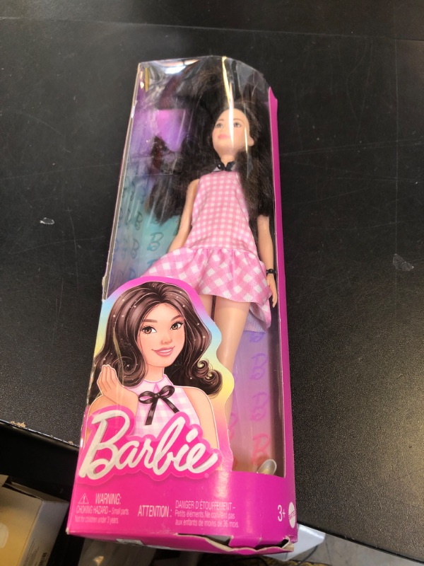 Photo 1 of Barbie Fashionistas Doll #224 with Black Wavy Hair, Pink Gingham Dress & Accessories, 65th Anniversary Collectible Toy