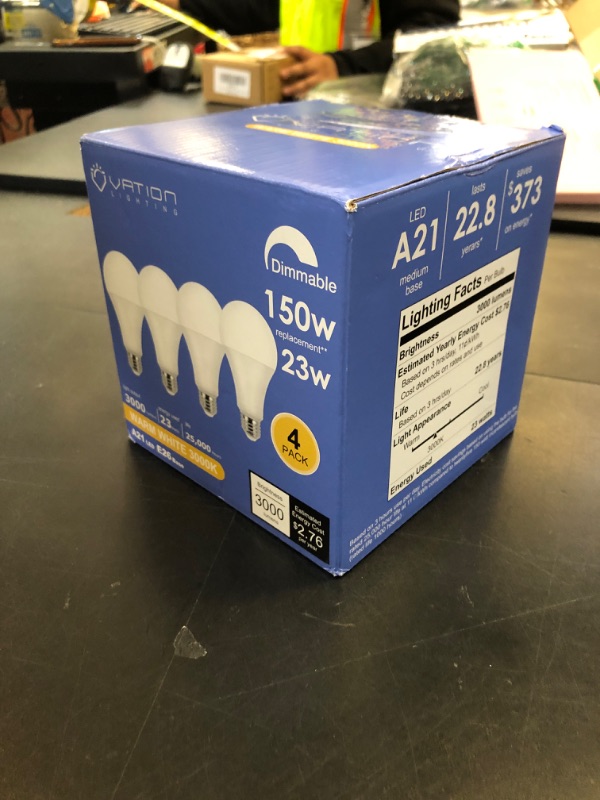 Photo 1 of A21 Dimmable LED Light Bulb, Stable Heat Dissipation, 2,5000 Hour Lifespan, 3000 High Lumen, 23W Super Bright LED Bulb, 150-200 Watt Equivalent, 3000K Warm White, E26 Porch Light Bulb, 4-Pack