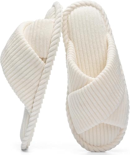 Photo 1 of Slippers for Women Memory Foam House Bedroom Corduroy Crossbands Open Toe Slides Sandals Shoes Comfy Trendy Gift for womens Anti-Skid sole
