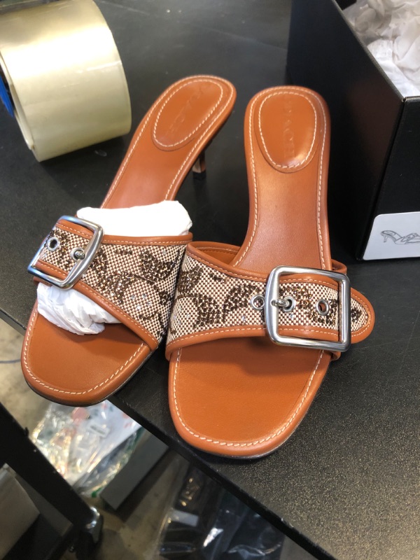 Photo 1 of Coach Women's Margot Sandal in Crystal Signature Jacquard Flat, Burnished Amber, 6