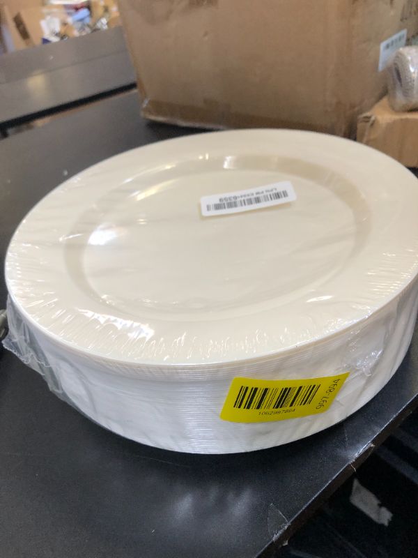 Photo 1 of U-QE 100 Pieces Ivory Plastic Plates for Party - Ivory Disposable Plastic Plates - Heavy Duty