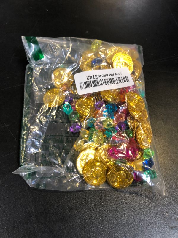 Photo 1 of Hanaive 150 Pcs Plastic Pirate Gold Coins Acrylic Colored Gems Fake Gems Buried Treasure Pirate Party Decorations for Halloween Adventure Themed Event Birthday Party Props Decor