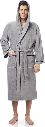 Photo 1 of Arus Mens Long Hooded Classic Turkish Cotton Bath Robe Full Length, Extra Tall,  Large-X-Large, Gray With Navy Blue Border