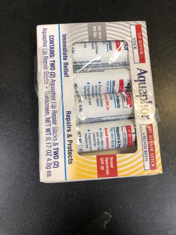 Photo 1 of Aquaphor Lip Balm Set with Jojoba Oil and Shea Butter, Lip Repair Stick (2 x 0.17 Oz) + Repair Stick with Sunscreen SPF 30 (2 x 0.17 Oz), Fragrance Free, Paraben Free, Immediately Relieves Dryness