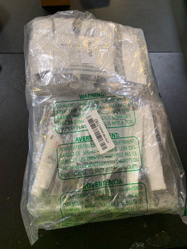 Photo 1 of 100 Black & Silver Plastic Cutlery Packets - Knife, Fork, Spoon, Napkin, Salt & Pepper Sets | Individually Wrapped Disposable Silverware