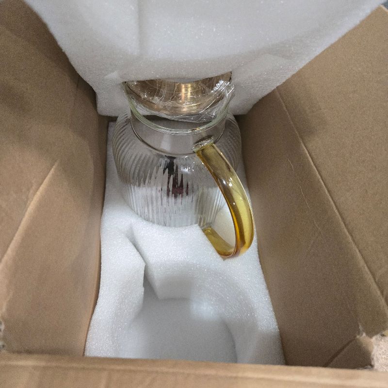 Photo 1 of ***ONLY ONE**** Buaic Glass Pitcher with Lid, 68 oz/ 2 Liter Classic Vertical Stripes Water Pitcher with Yellow Handle,Glass Water Carafe for Cold Brew, Coffee, Lemonade, Iced Sun Tea,Beverage,Heat Resistant