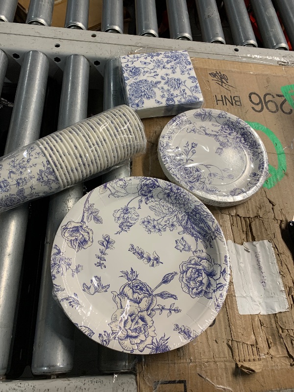 Photo 1 of ***(MISSING TABLE CLOTH)***Zhehao 127 Pcs Blue and White Floral Disposable Tableware Set Serves 25 Guests Chinoiserie Floral Paper Plates Napkins Cups Tablecloth Flower Dinnerware for Bridal Shower Wedding Party Decorations