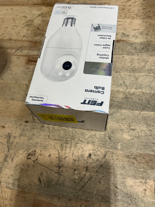 Photo 1 of **UNTESTED / POSSIBLY FOR PARTS*** Feit Electric Smart Security Camera Bulb, 2K QHD Resolution, 2-Way Audio, Human Tracking, 350° Pan, Night Vision, Motion Alerts, E26 Base, Alexa/Google Assistant Compatible, CAM/PAN/WIFI/E26/2K