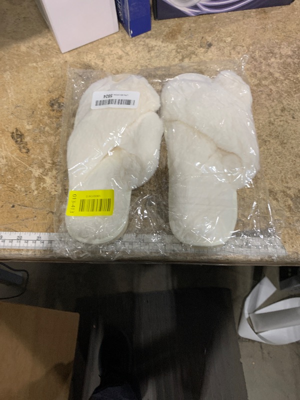 Photo 1 of (ONLY ONE PAIR) VAIPI Women's Cross Band Slippers Fuzzy Plush House Bridesmaid Slipper White|Black Open Toe Fluffy Slipper Soft Warm Bridal Slippers (White, US Footwear Size System, Adult, Women, Numeric Range, Medium, 8.5, 9.5)