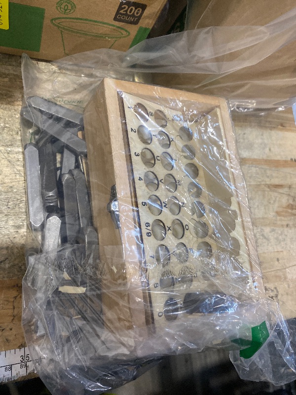 Photo 1 of *** WOOD BOX IS BROKEN ***Amazon Basics Metal Alphabet and Number 36 Piece Stamp Kit with Wood Case, 5/16 inch