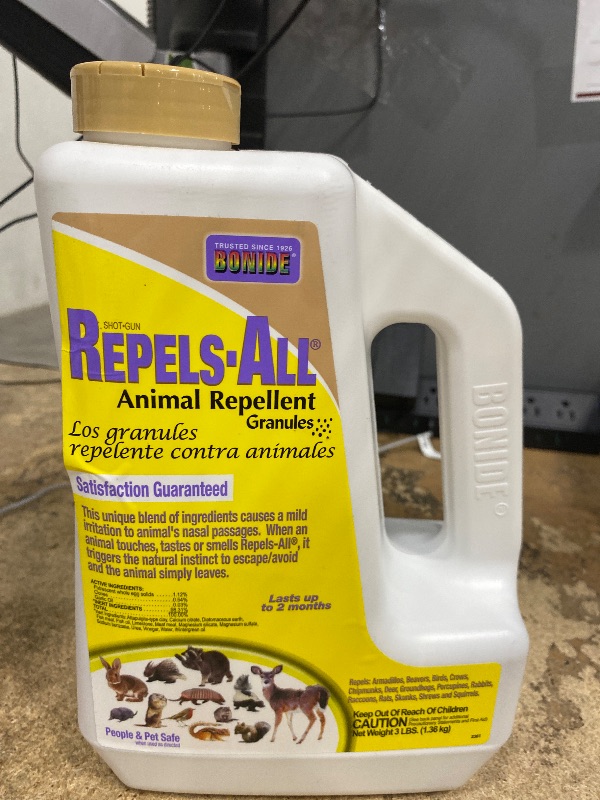 Photo 1 of ***BARELY LESS THAN 50% FULL **** Bonide Repels-All Animal Repellent Granules, 3 lbs. Ready-to-Use Deer & Rabbit Repellent, Deter Pests from Lawn & Garden