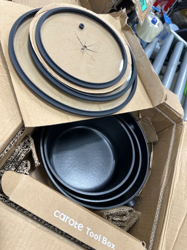 Photo 1 of **************MISSING ITEMS****************
CAROTE Nonstick Pots and Pans, Induction Cookware Set Kitchen Cooking Sets, Non Stick w/Frying Pan (PFOS, PFOA Free), Black, 16pcs