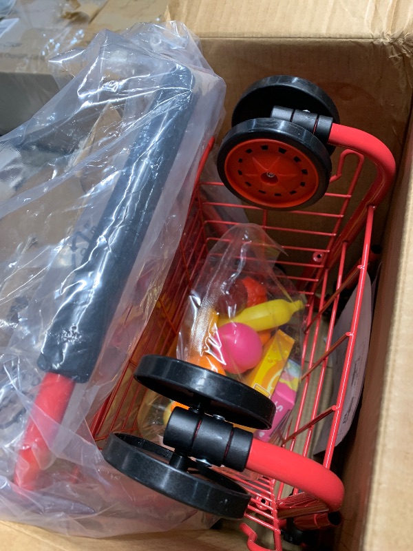 Photo 1 of (used) (see images) The New York Doll Collection Toy Shopping Cart for Kids and Toddler - Includes Food - Folds for Easy Storage - with Sturdy Metal Frame (Red)
