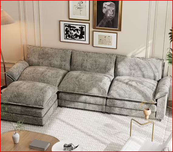 View 1 of **************INCOMPLETE ITEM, THIS IS ONLY BOX #2 OUT OF 3 TOTAL***********
118 in. Chenille Flared Arm L-Shaped Deluxe Pillow-Styled Modular Sectional Sofa in Paris Gray with Ottoman