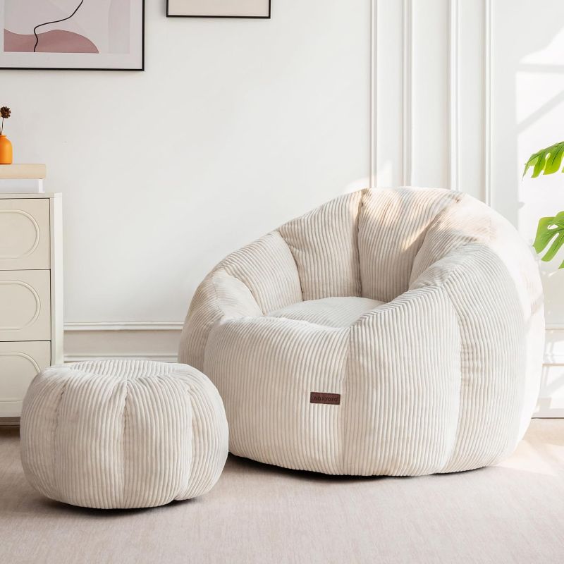 Photo 1 of *Photo for Reference* MAXYOYO Giant Bean Bag Chair with Ottoman, Pumpkin-Shaped Bean Bag Sofa with Footstool, Oversized Boneless Couch Chair in a Box, Comfy and Lazy Lounge for Dorm, Living Room, Bedroom, Beige
