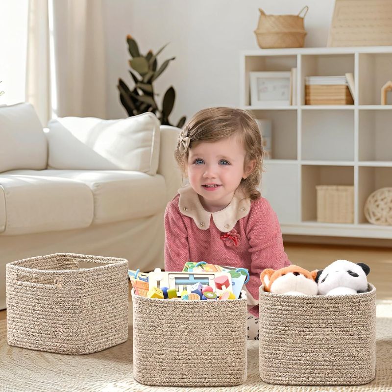 View 1 of ***MISSING ITEM - SEE NOTES***Degeyoyo 3 Pack Cube Storage Bin, 9”x9”x7” Cotton Rope Woven Baskets for Organizing Toys Clothes Towels, Square Gift Storage Baskets for Shelves, Nursery, Closet, Bathroom, Pantry (Jute)