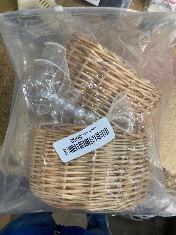 Photo 1 of 2 PCS Wicker Rattan Flower Girl Basket Wedding Flower Girl Basket with Pearl Handle and Bow Fairy Flower Basket Handwoven Easter Basket Wicker Basket for Wedding Flower Girl(Brown)