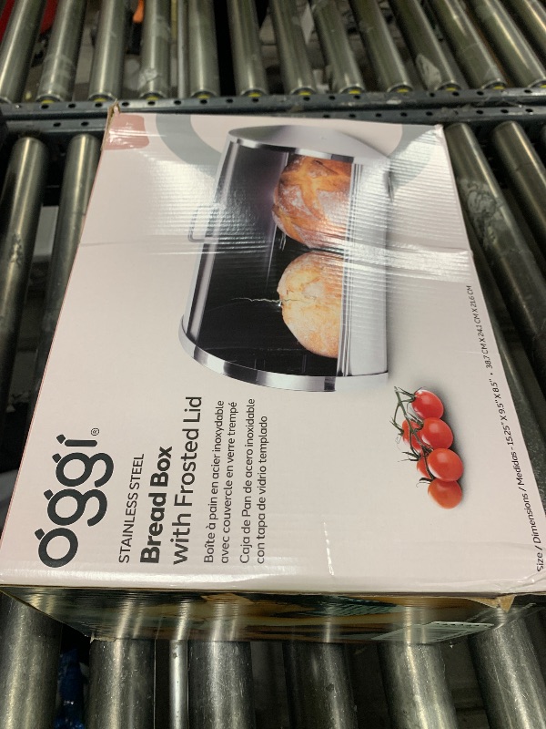 Photo 1 of *DENTED** Oggi Stainless Steel Roll Top Bread Box for Kitchen Countertop with Frosted Plexilass Lid - Fits Multiple Loaves of Bread and Other Freshly Baked Goods Including Cookies, Bagels, Muffins