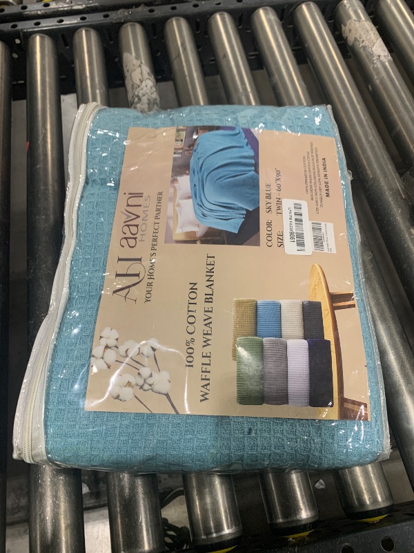 Photo 1 of 100% Cotton Blankets Queen Size - Waffle Blanket for Spring Summer, Cooling, Breathable & Lightweight for All Year Comfort & Coziness, (Blue - 90x90 Inches)