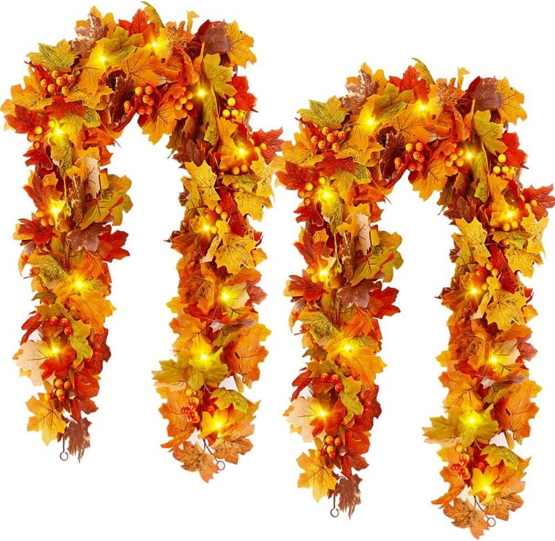 Photo 1 of 2 Pack Artificial Maple Leaf Garland with Light String 5.7Ft Faux Fall Hanging Vines Colorful Silk Autumn Foliage Vine Fall Decoration for Home Thanksgiving Table Party Porch Wedding Fireplace
