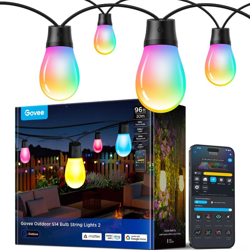 Photo 1 of Govee S14 Bulb Outdoor String Lights 2, 96ft Smart RGBIC Warm White Patio Lights with 30 LED Bulbs, 111 Scene Modes for Outdoor Decor, Works with Alexa, Google, Matter, APP Control, IP66 Waterproof