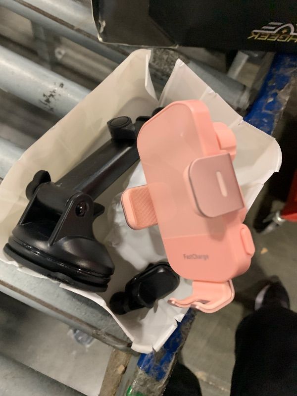 Photo 1 of **WOULD NEED NEW ADHESIVE TAPE** CHGeek Wireless Car Charger, 15W Fast Charging Auto Clamping Car Charger Phone Mount Phone Holder fit for iPhone 15 14 13 12 11 Pro Max Xs, Samsung Galaxy S25 Ultra S24 S23 S22, S21, S20, Pink