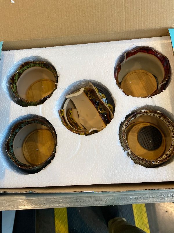 Photo 1 of ***MAJOR DAMAGE*** ***READ CLERK NOTES*** LamDawn Cute Ceramic Succulent Garden Pots, Planter with Drainage and Attached Saucer, Set of 5 -Plants Not Included (Fambe)