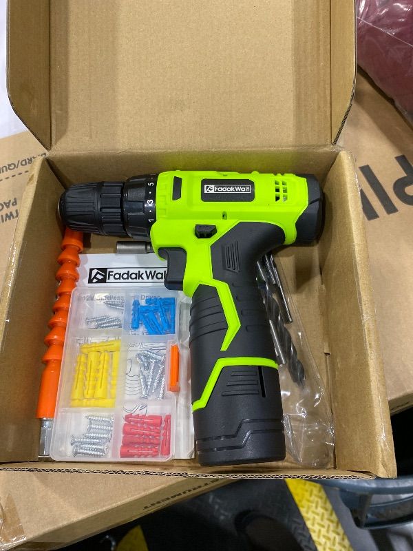 Photo 1 of ***MISSING CHARGER*** FADAKWALT Cordless Drill Set,12V Power Drill Set with Battery and Charger, Electric Driver/Drill Bits, 3/8'' Keyless Chuck,21+1 Torque Setting, 180 inch-lbs, with LED Electric Drill Set (Green)