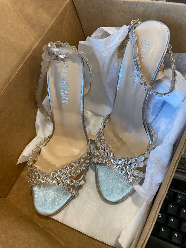Photo 1 of *MINOR DAMAGE - USED*
HOCHFART Silver High Heels Rhinestones High Heels Strappy Heels for Women Round Toe Sexy Pumps Crystal Stiletto Heels Sandals Silver Heels for Prom Size 8.5