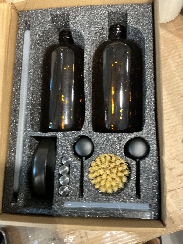 Photo 1 of [Luxury] Kitchen Soap Dispenser Set - 16OZ Amber Glass Bottle, Stainless Steel Pump, Instant Dry Tray, Waterproof Labels, Non-Slip Silicone Pad, and Dish Brush | Upgrade for Your Kitchen and Bathroom