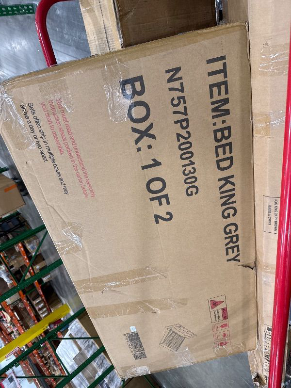 Photo 1 of *PARTIAL SET sheck clerk comments * 
Christopher Knight Home Svens 46" High Headboard Bed, King Size Platform Bed Frame, Soft Velvet Bed Frame, King Size Headboard, Square Pattern Design with Reading Lamps and USB Ports, Grey