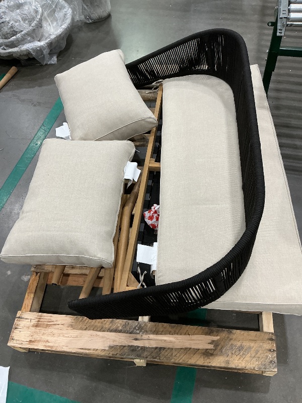 Photo 1 of **MISSING PARTS - See clerk notes**
Christopher Knight Home Katarina Patio Acacia Wood Loveseat Furniture, Outdoor Loveseat Sofa with Comfy Fabric Cushions, 2-Seater Sofa with Handwoven Rope Backrest for Garden/Backyard, Black+Beige