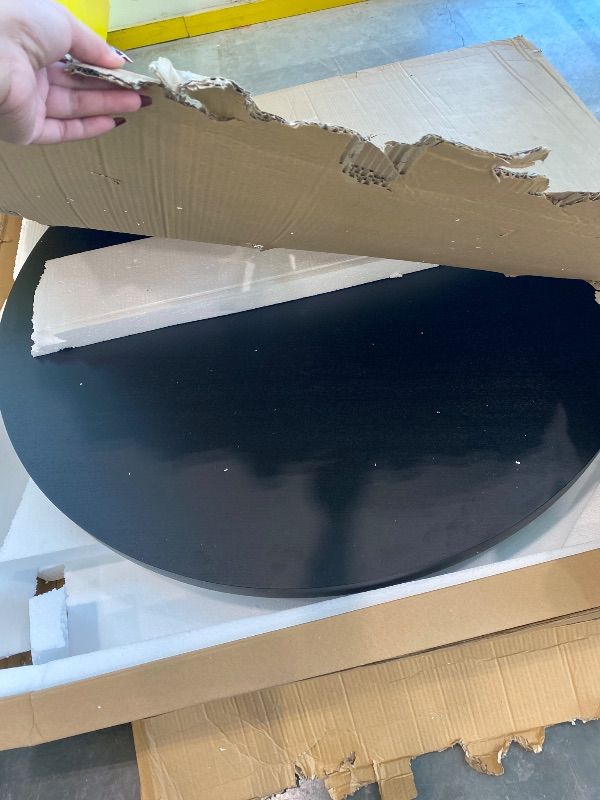 Photo 1 of *PARTIAL SET - ONLY the top, missing the legs*
Benzara EMI 47 Inch Round Dining Table- X- Cross Metal Base- Black Wood- Silver