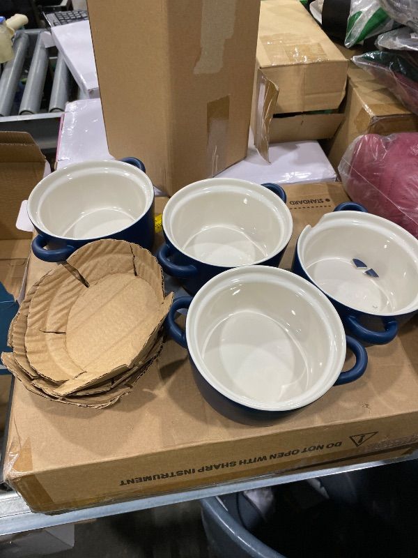 Photo 1 of ***MINOR DAMAGE*** Kook Soup Crocks, Ceramic Stackable Bowls, Broil, Oven, Microwave and Dishwasher Safe, with Handles, For Casserole, Pasta, Cereal, Capacity 18 oz, Set of 4, (Matte Blue)