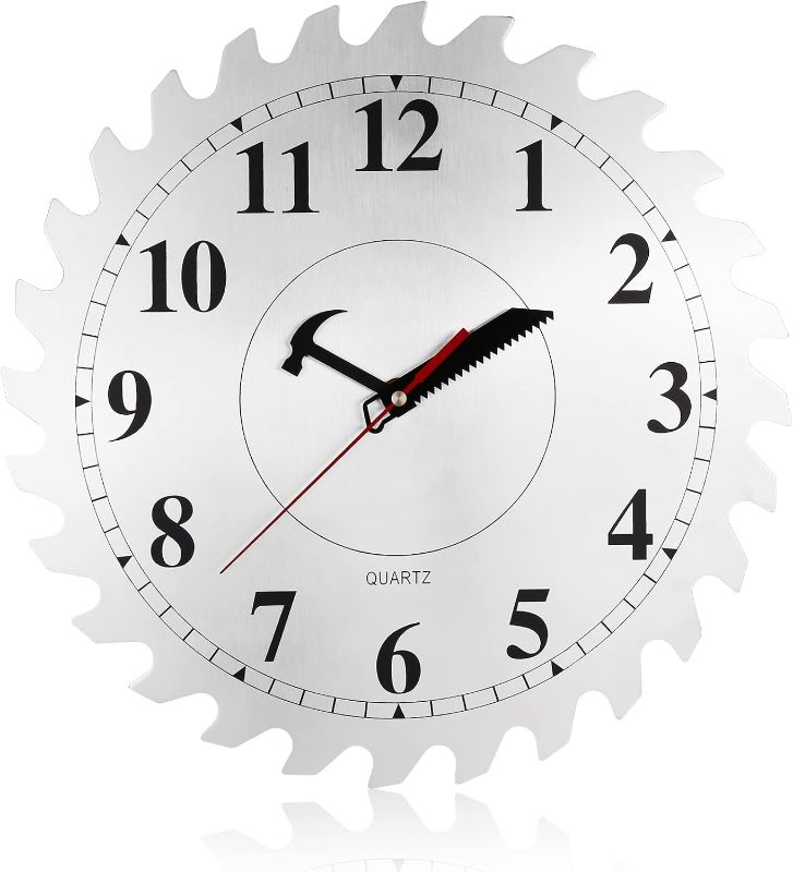 Photo 1 of 12 Inch Metal Wall Clock with Circular Saw Blade Dial, Handsaw and Hammer Pointer