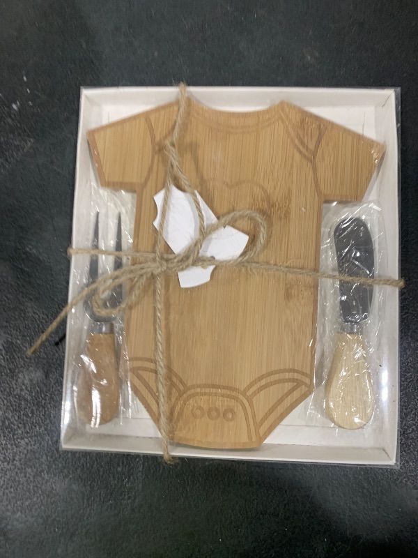 Photo 1 of 1 piece  Baby Shower Gifts for Guests Clothing Shaped Charcuterie Board Set Thank You Tags with Box Mini Cheese Board Party Favors for Gender Reveal Favors Baby Shower Game Prizes (Bamboo Color)