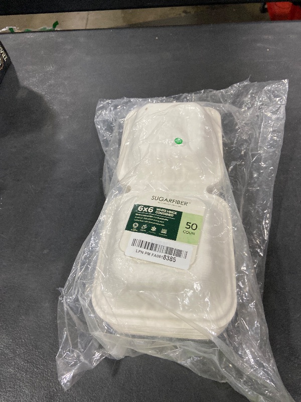 Photo 1 of [50 COUNT]Harvest Pack 6 X 6" White Compostable Clamshell Food Containers, To go food container Heavy-Duty Square Hinged Container, Disposable Bagasse Eco-Friendly Natural Takeout Box